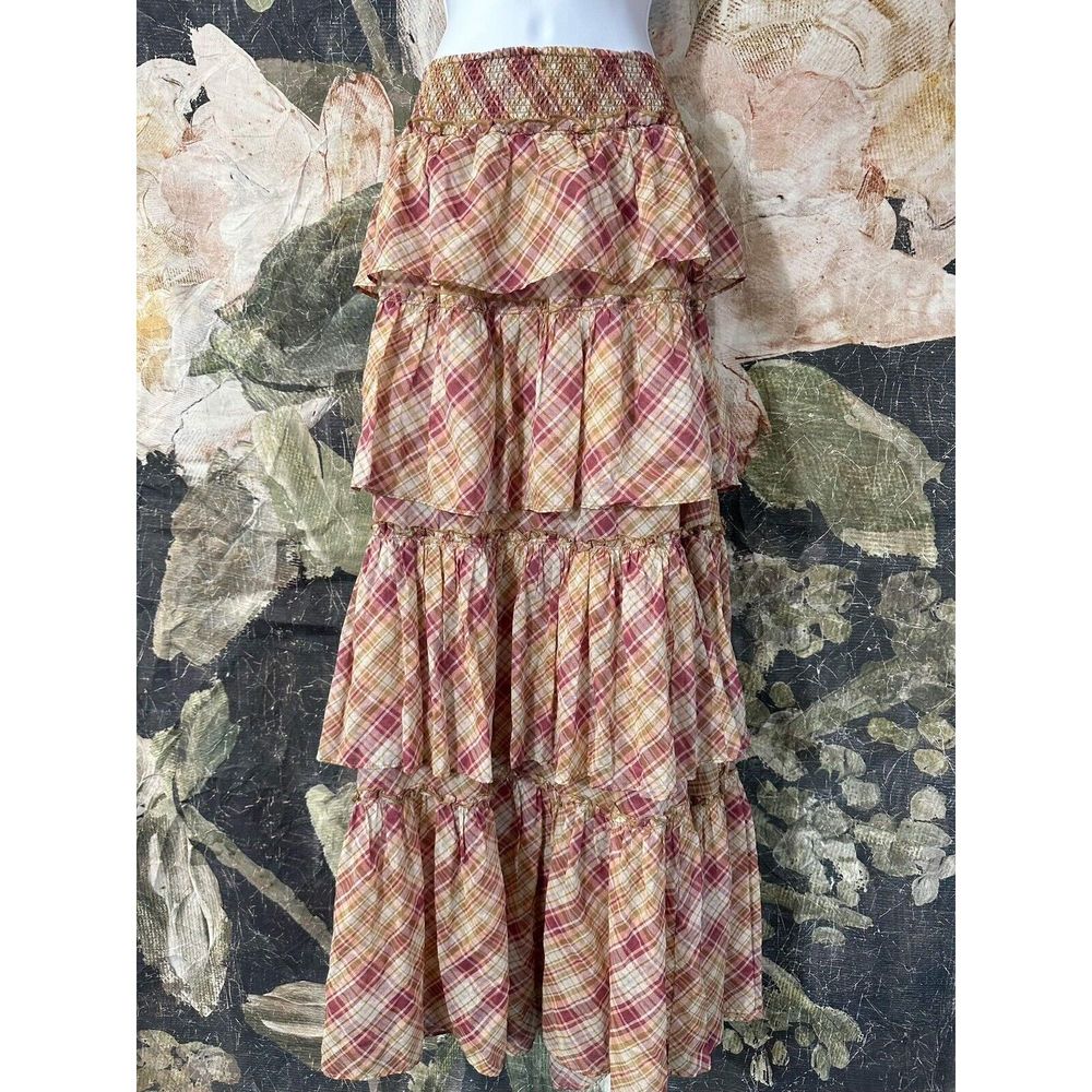 New Free People Sawyer Red Plaid Tiered Maxi Skirt Size Large - Picture 6 of 7